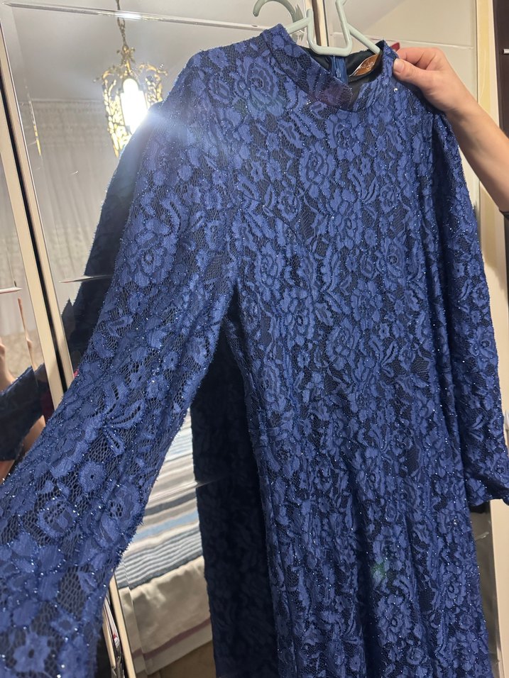 Lacivert Dantelli Uzun Kadın Elbise - Görsel 3
