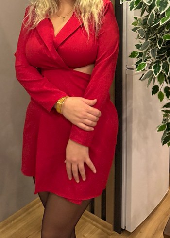 Parlak Kırmızı V Yakalı Mini Elbise - Görsel 3