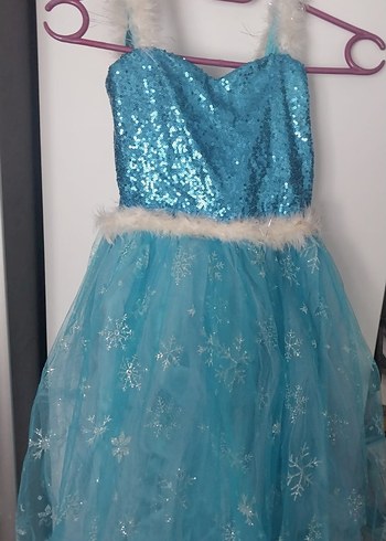 Mavi Parlak Kürklü Elsa Kız Çocuk Abiye Elbise