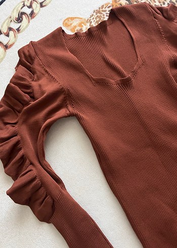 Kahverengi Uzun Kollu Fırfırlı Kadın Kazak - Görsel 3