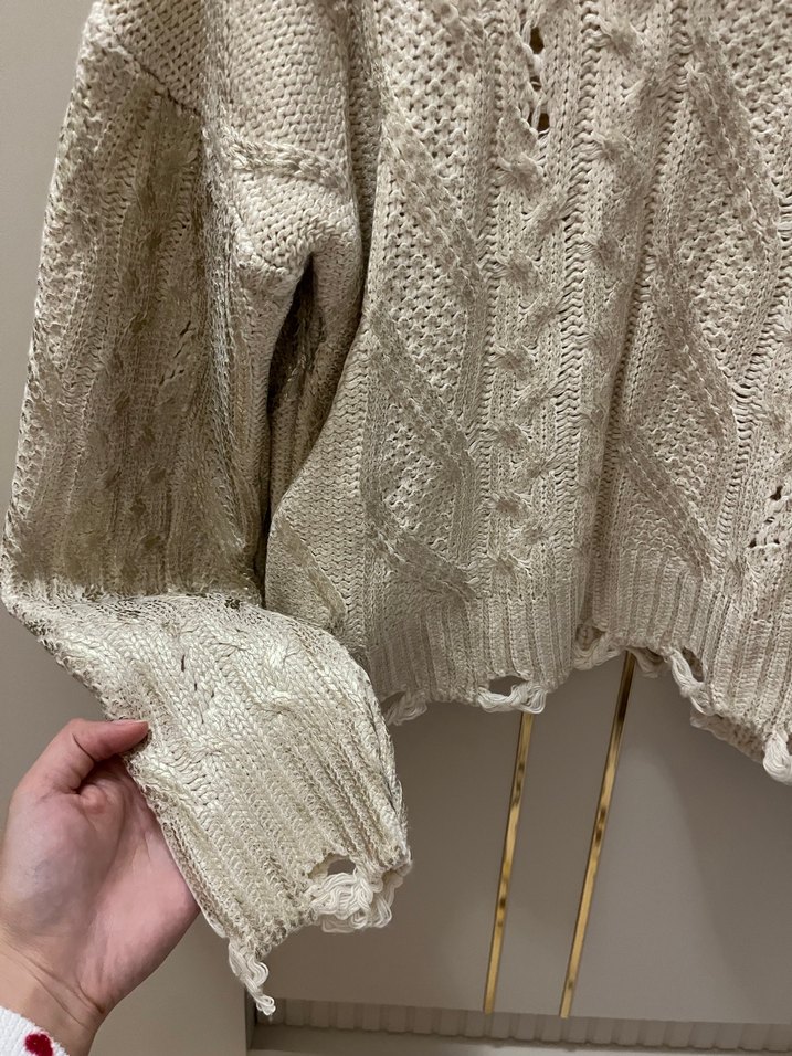 Bej Örgü Kadın Triko Kazak - Görsel 4