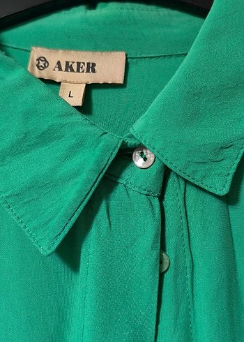 Aker AKER Uzun Kollu, Düğmeli Yeşil Dokuma Kadın Gömlek Tunik