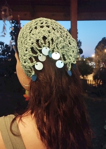 Yeşil Dantel Detaylı Pullu Örgü Bohem Saç Bandana