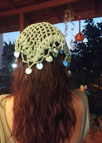 Beden Yeşil Dantel Detaylı Pullu Örgü Bohem Saç Bandana