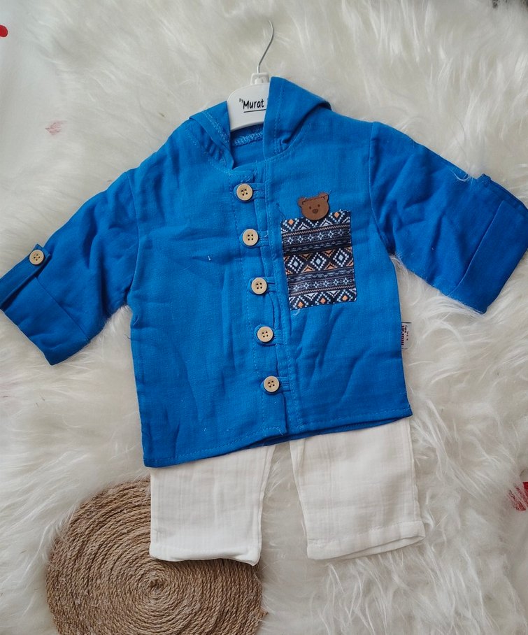 Düğmeli Mavi Bohem Etnik Desenli Erkek Çocuk Ceket - Görsel 2