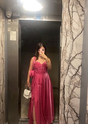 Pembe Straplez Uzun taşlı Salaş Kadın Abiye - Görsel 3