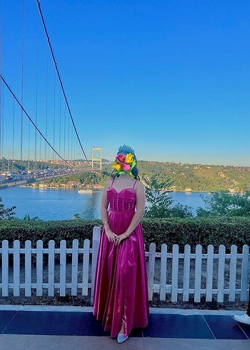 Pembe Straplez Uzun taşlı Salaş Kadın Abiye - Görsel 2