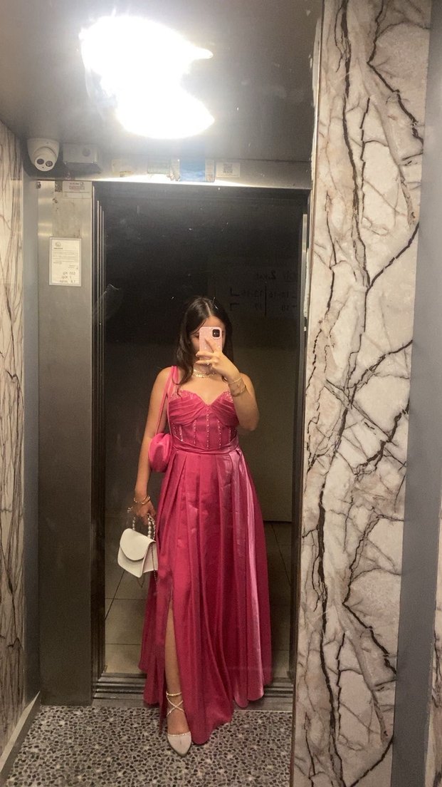 Pembe Straplez Uzun taşlı Salaş Kadın Abiye - Görsel 3