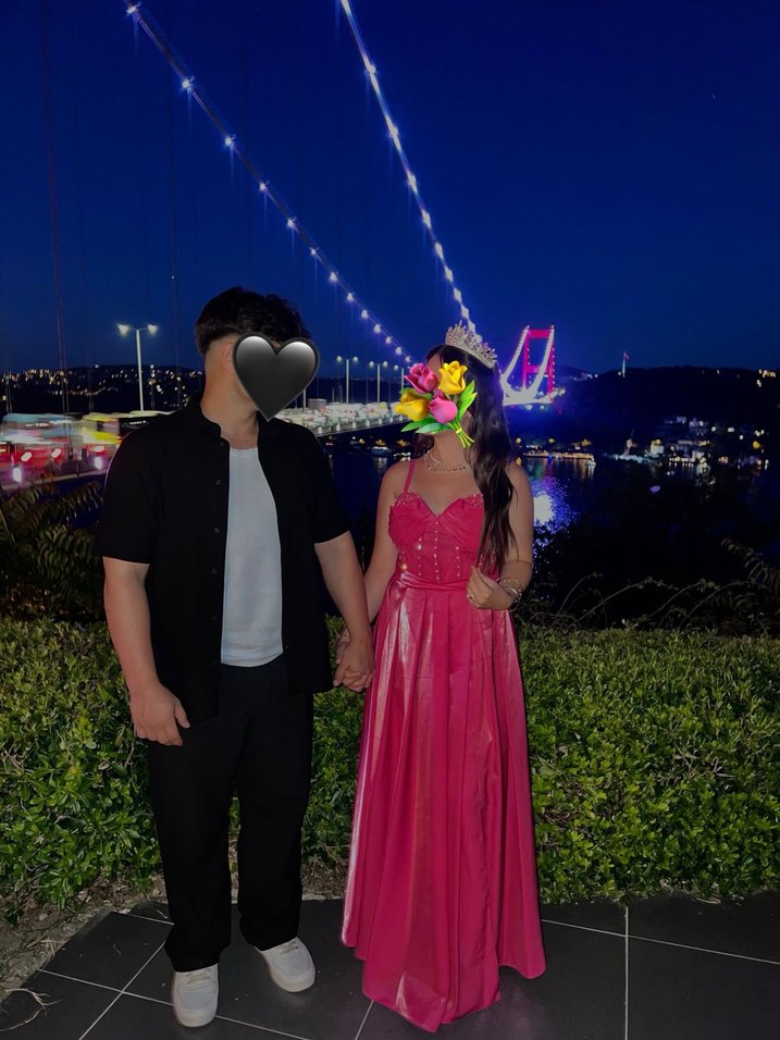 Pembe Straplez Uzun taşlı Salaş Kadın Abiye - Görsel 4