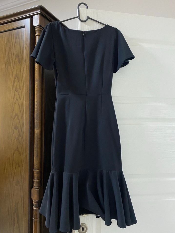 Siyah Midi Kadın Elbise, Kısa Kollu, Fırfırlı - Görsel 2