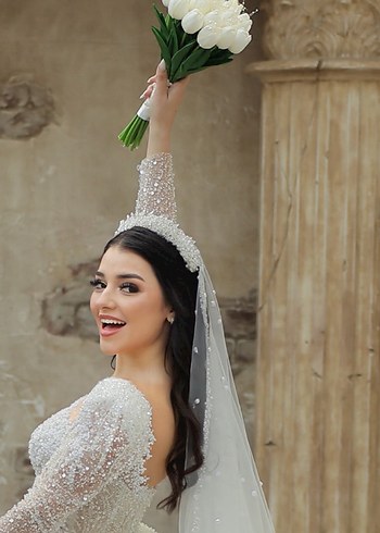 Taç İnci İşlemeli Beyaz Bohem Gelin Aksesuarı