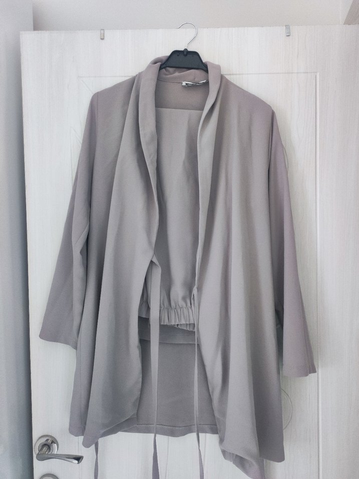 Gri Mini Uzun Kollu Kadın alt üst ceket takım - Görsel 2