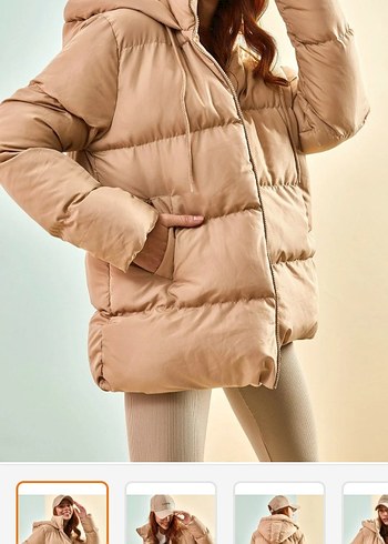 Bej Kapüşonlu Kadın Kışlık Şişme Mont - Görsel 2