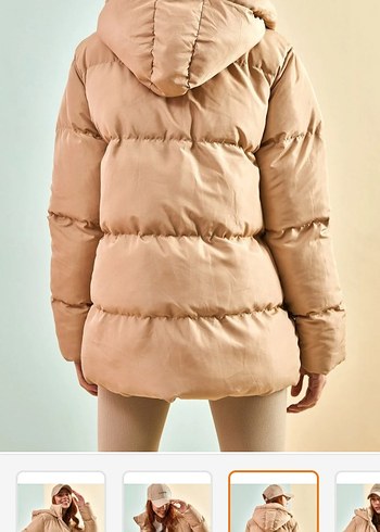 Bej Kapüşonlu Kadın Kışlık Şişme Mont - Görsel 3