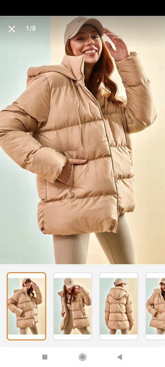 Bej Kapüşonlu Kadın Kışlık Şişme Mont - Görsel 2