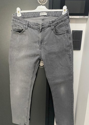 Gri Erkek Kot Pantolon, Kemerli, Regular Fit