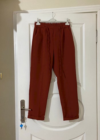 Bordo Kadın Keten Kemerli Rahat Pantolon