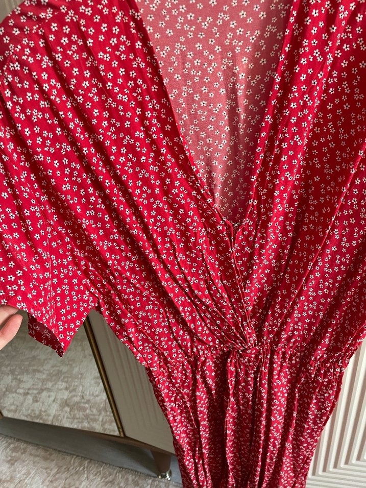 Kırmızı V Yaka Salaş Elbise - Görsel 5