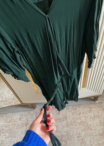 Kadın Yeşil Bohem Midi V Yaka Tulum - Görsel 3