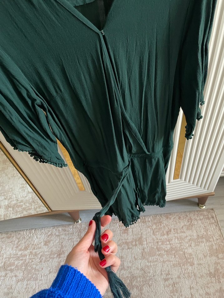 Kadın Yeşil Bohem Midi V Yaka Tulum - Görsel 3