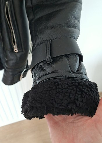 Siyah Kürklü Deri Kadın Biker Ceket - Görsel 3