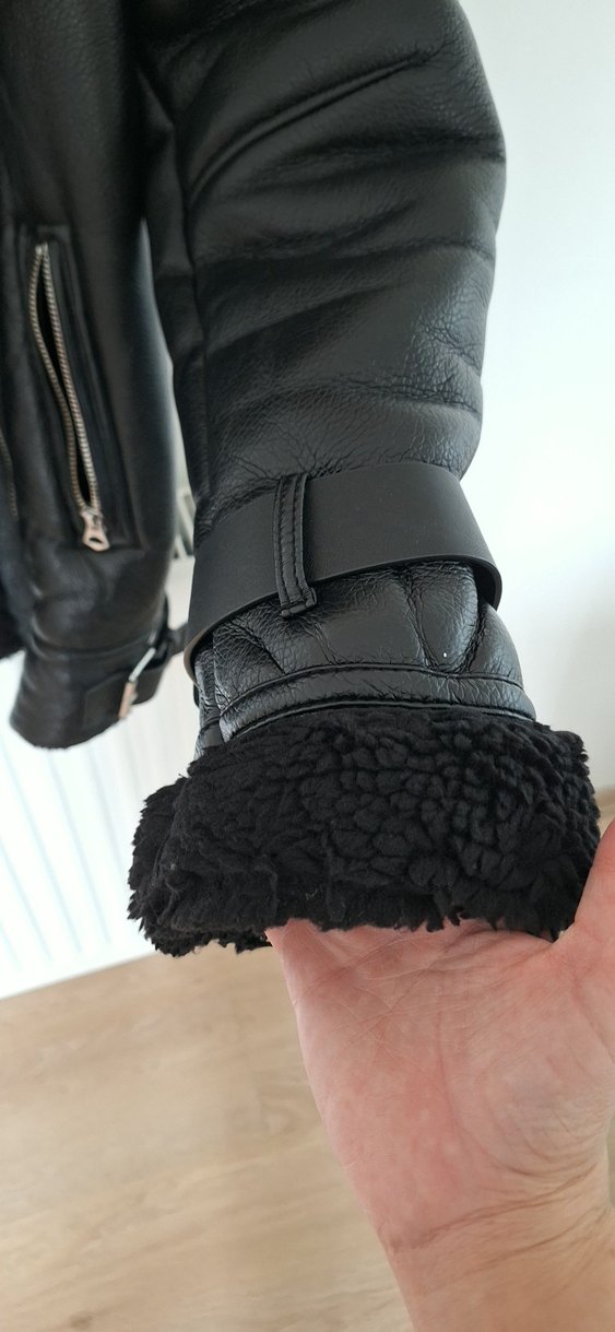 Siyah Kürklü Deri Kadın Biker Ceket - Görsel 3