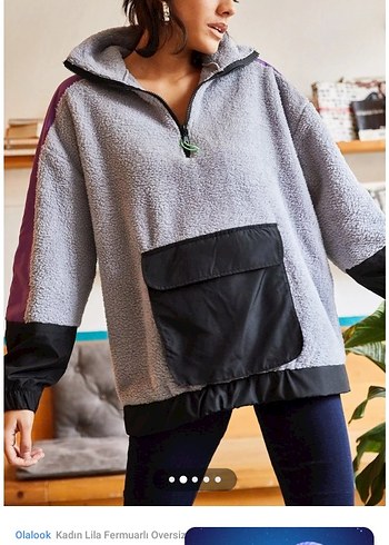 Olalook Kadın Lila Fermuarlı Oversize Ceket - Görsel 5