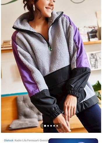 Olalook Kadın Lila Fermuarlı Oversize Ceket - Görsel 4