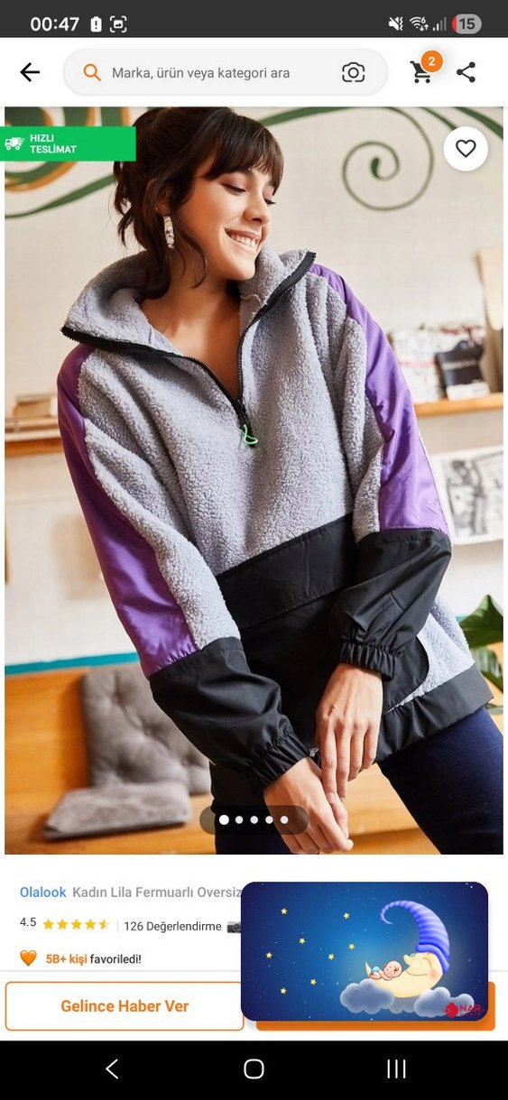 Olalook Kadın Lila Fermuarlı Oversize Ceket - Görsel 4