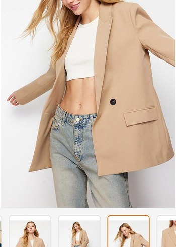Bej Düğmeli Kadın Midi Blazer Ceket - Görsel 3