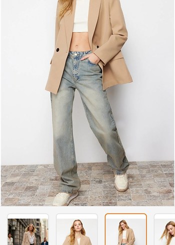 Bej Düğmeli Kadın Midi Blazer Ceket - Görsel 2