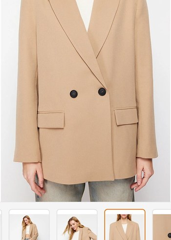 Bej Düğmeli Kadın Midi Blazer Ceket - Görsel 4
