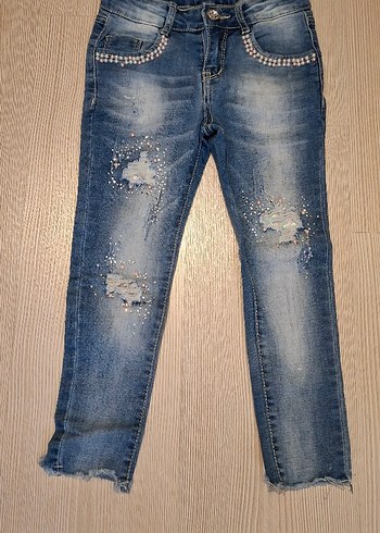 Pul İşlemeli Mavi Kot Pantolon