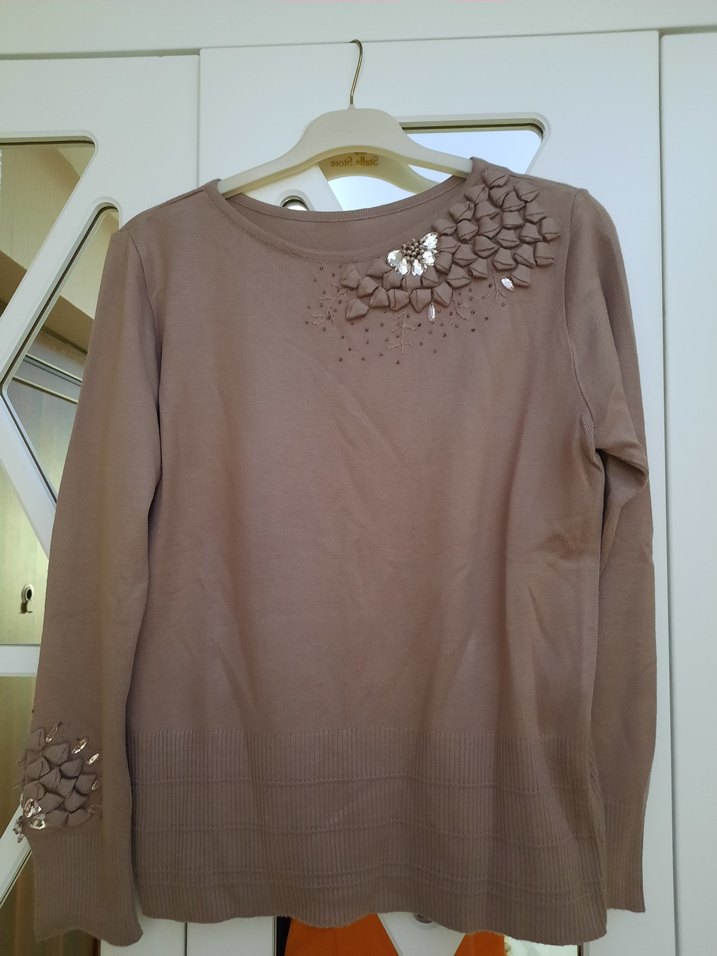 Bej Düğmeli Triko Kadın Bluz - Görsel 2