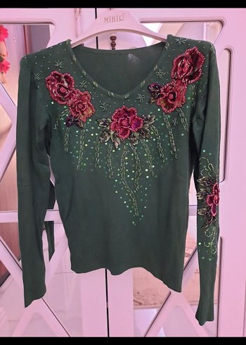 Bordo Nakışlı Bohem Uzun Kollu Triko Bluz - Görsel 3