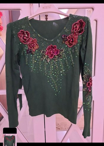 Bordo Nakışlı Bohem Uzun Kollu Triko Bluz - Görsel 2