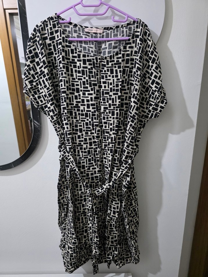 Gri Desenli Kemerli Midi Elbise - Görsel 2