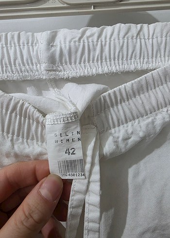 Beyaz Keten Salaş Midi Kadın Pantolon - Görsel 2