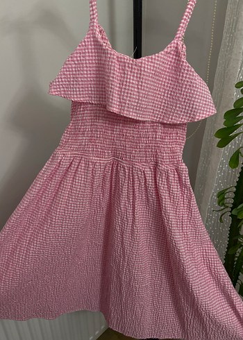 Pembe Kareli Fırfırlı Askılı Kız Elbisesi - Görsel 2