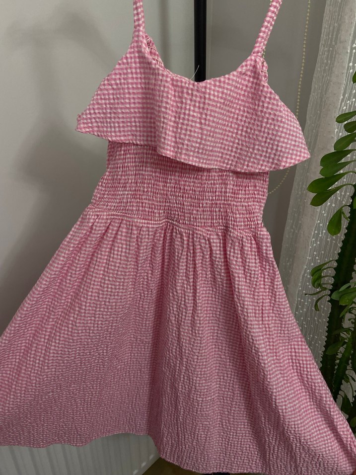 Pembe Kareli Fırfırlı Askılı Kız Elbisesi - Görsel 2