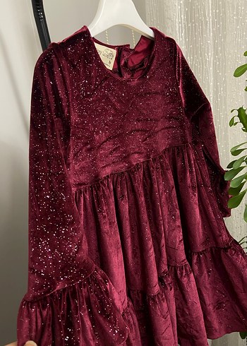 Bordo simli kadife  Uzun Kollu Kız Çocuk Elbise - Görsel 2