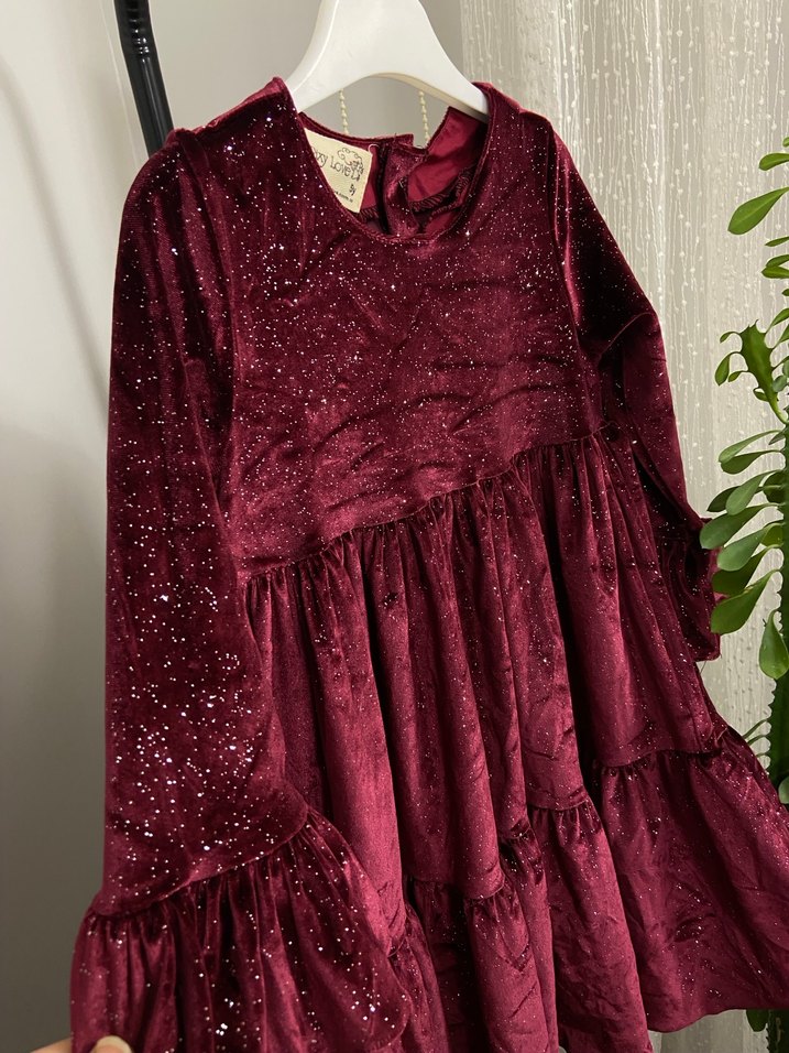 Bordo simli kadife  Uzun Kollu Kız Çocuk Elbise - Görsel 2