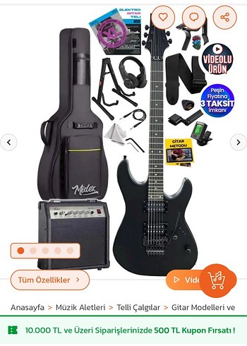 Midex Siyah Elektro Gitar Seti ve Aksesuarları