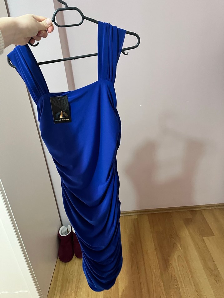 Mavi Drapeli V Yaka Midi Elbise - Görsel 3