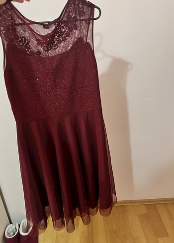 Bordo Midi Elbise, V Yaka, Kolsuz - Görsel 2