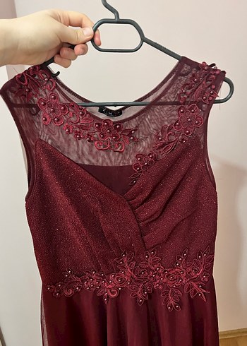 Bordo Midi Elbise, V Yaka, Kolsuz - Görsel 3