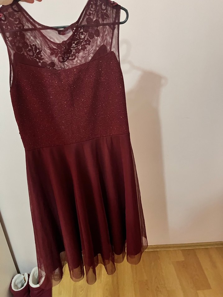 Bordo Midi Elbise, V Yaka, Kolsuz - Görsel 2