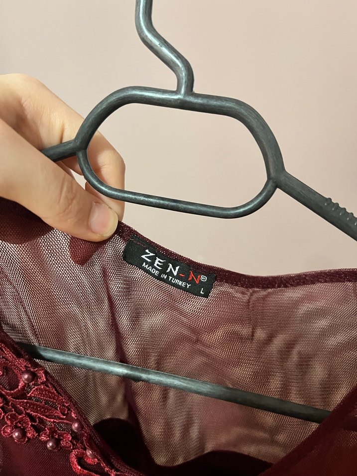 Bordo Midi Elbise, V Yaka, Kolsuz - Görsel 4