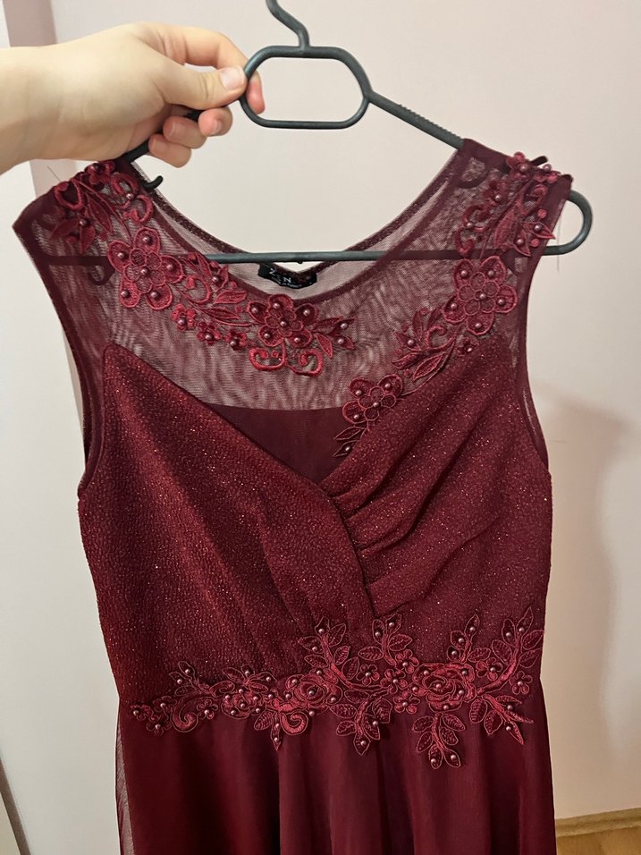 Bordo Midi Elbise, V Yaka, Kolsuz - Görsel 3