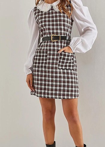 Kemerli Beyaz Gömlekli Ekose  Elbise - Görsel 2